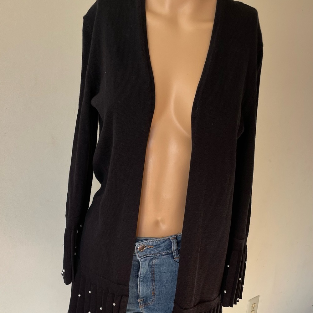 Chico Black Long Cardigan Frill Trims Size: 0